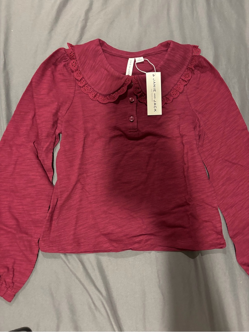Janie and Jack Raspberry Long-Sleeve Top with Lace Peter Pan Collar